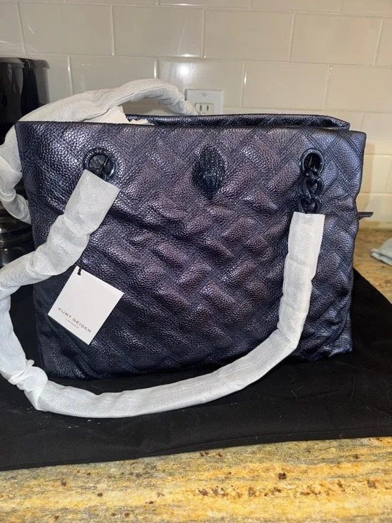 Kurt Geiger Metallic Deep Navy Quilted Tote with Chain-Trim Straps - Picture 3 of 15